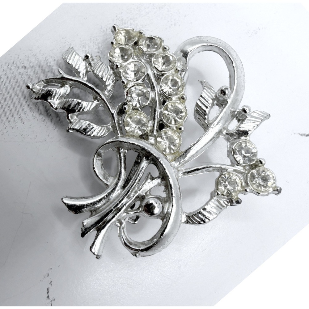Vintage Silver Tone Rhinestone Floral‎ Bouquet Brooch Clear Stones 1.5 Inch